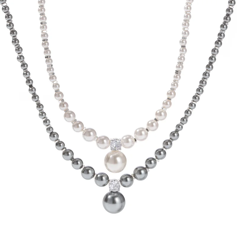 

ALLNEWME Elegant Round White Black Color Simulated Pearl CZ Zircon Beaded Necklaces for Women Girl Silver Plated Copper Choker