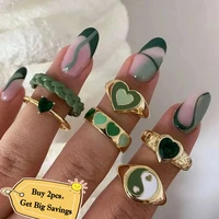 6pcs vintage green embrace rings set for women metal paint coating creative ins chains style love heart ring fashion jewelry