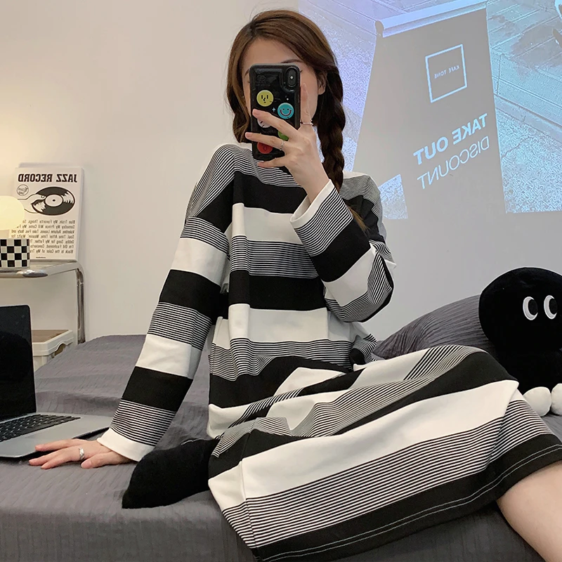 CAIYIER 3XL Winter Koren Blue Stripe Nightdress Long Sleeve Simple Sleepdress Female Loose Nightgowns Girls Soft Bathrobe Pajama