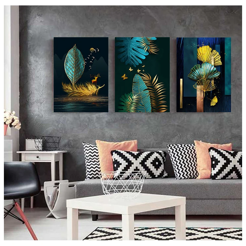 Абстрактная дешевая Картина на холсте в китайском стиле зеленые и золотые принты