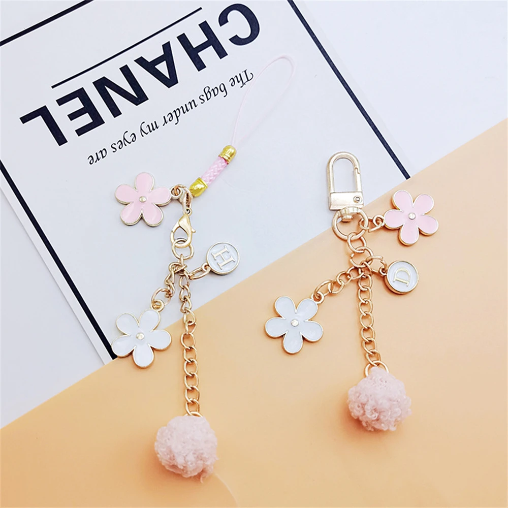 

New Flower Wool Ball Letter Pendant Keychain Mobile Phone Case Accessories Wireless Bluetooth Headset Charms Women Bag Ornaments