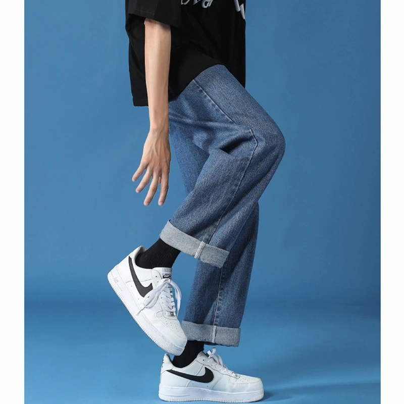 Streetwear Jeans Men's Fashion Solid Color Denim Straight-Leg Pants Trousers Summer Casual Loose Button Mid Waist Wide Leg Jeans