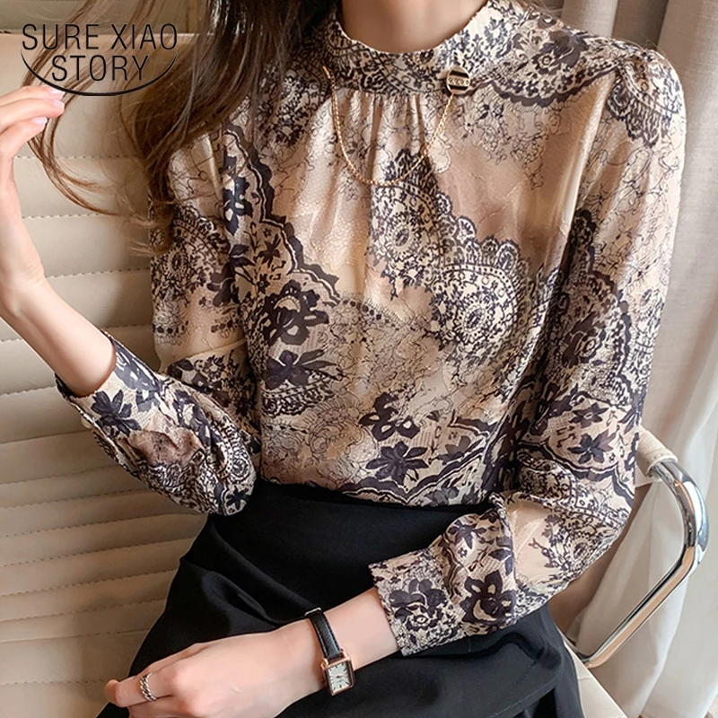 

Casual Plus Size Stand Collar Female Shirts New Elegant Floral Blouse Women Long Sleeve Printing Ladies Clothing Blusas 13089
