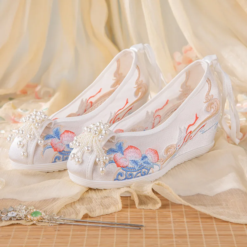 Женские Элегантные сетчатые тканевые туфли на шнуровке с жемчугом в китайском