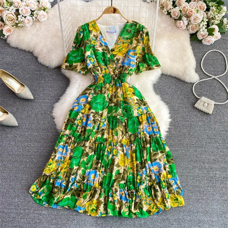 

2022 Summer New Retro V-Neck Romantic Floral A-Line Dress Elegant Temperament Slimming Short Sleeve Midi Dress Vestidos h1722