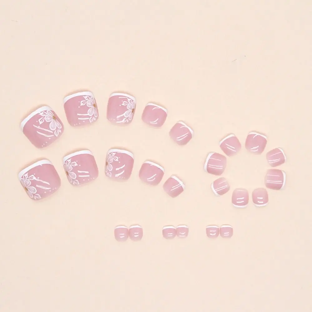 

Girls Short Toe Nails Foot Nails Tips French Full Cover Fake Toenails White Edge