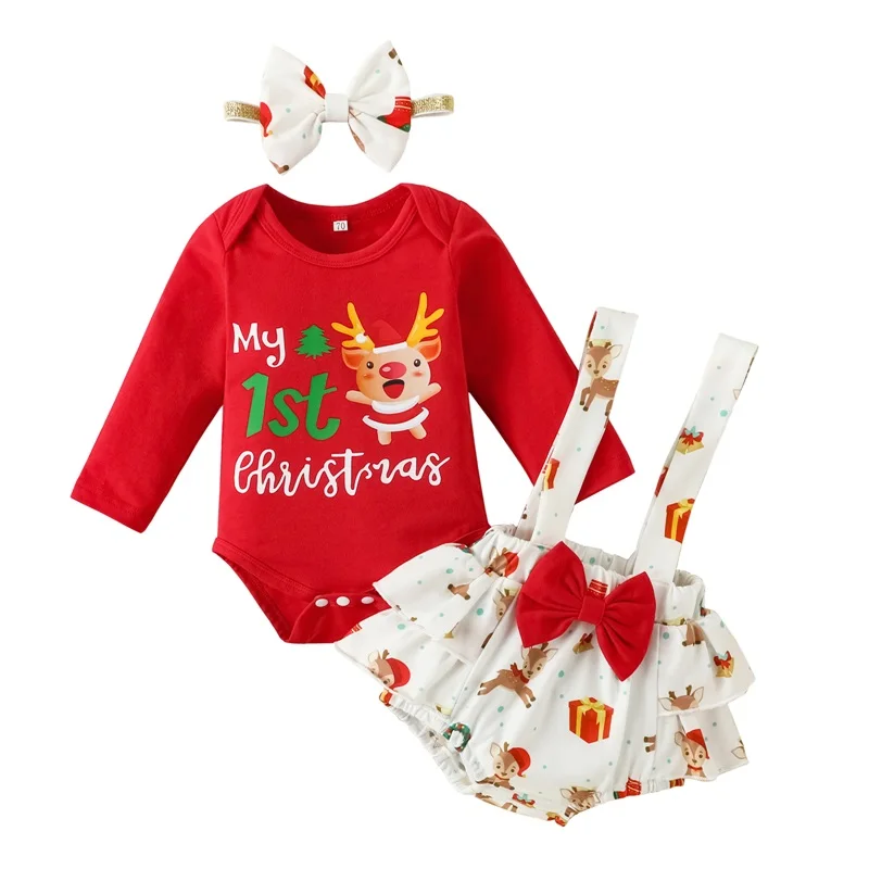 

Christmas Baby Girls Jumpsuits Set Elk Letter Print Long Sleeves Romper and Casual Suspender Shorts Skirt Headband 0-12 Months​