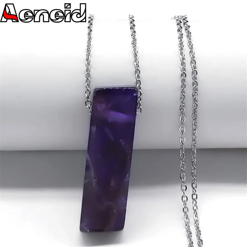 

Fashion Natural Purple Crystal Necklace Stainless Steel Chain Geometric Gem Stone Pendant Neckalces Reiki Healing Jewelry NDD19