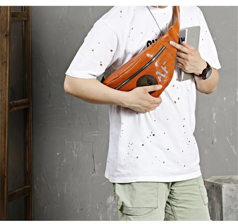 Vintage designer natural genuine leather men's waist packs fashion high-quality cowhide chest bag motorcycle messenger bag