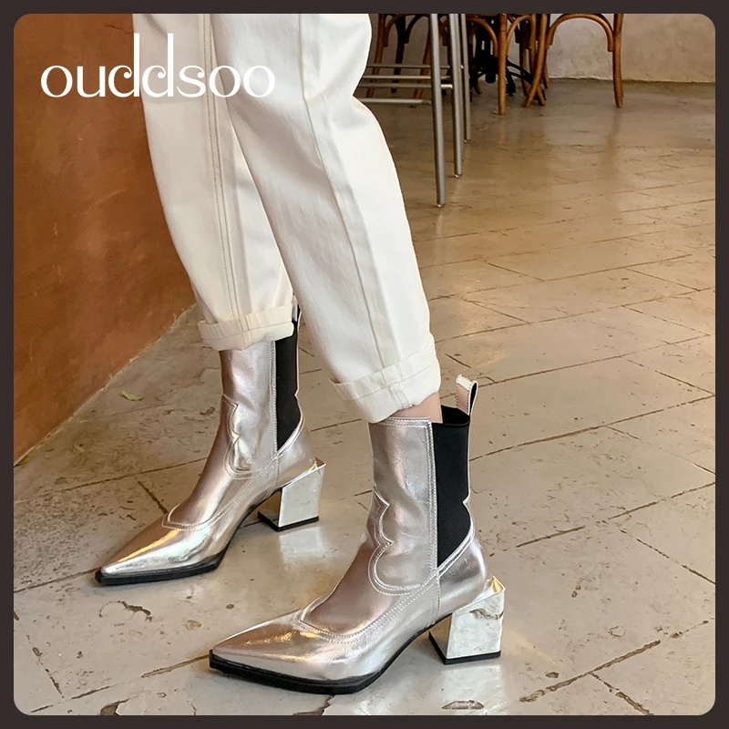 Ods Cowboys Wedge Chelsea Women's AutumnWinter Chunky Heels Ladies Boots Pure Color Silver Elegant Ankle Matin Party Cool Shoes