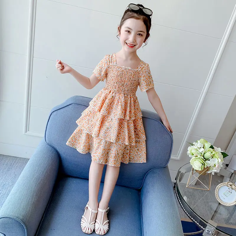 2022 Summer Girls Ball Gown Dress Tight Waist Children's Clothing Short Sleeve Kids 2-12 Years Old Cake Cupcake Chiffon |