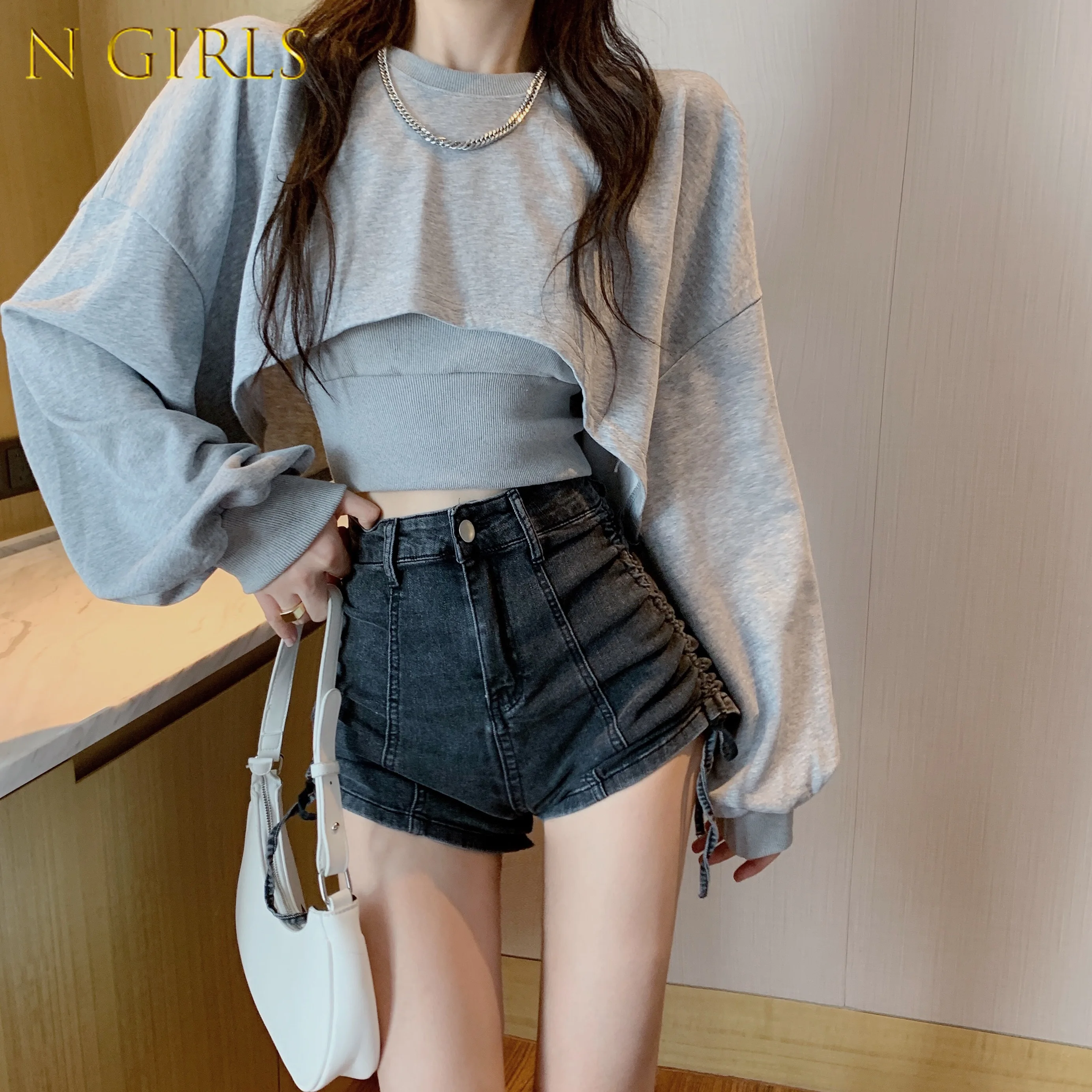 N GIRLS  Autumn Sweatshirts Korean Fashion O Neck Long Sleeve High Street Short Pullovers Solid Loose All-match Sweatshirt