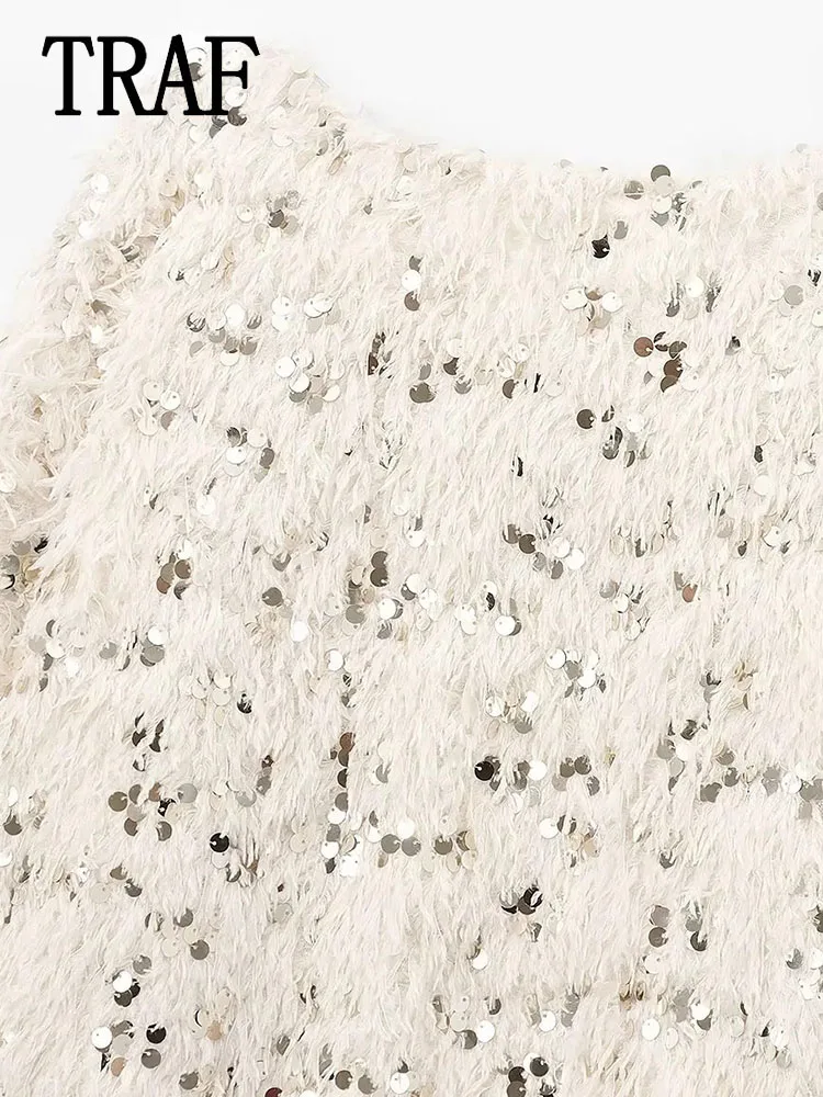 TRAF женский свитер пуловеры элегантный с перьями и блестками 2024 осень-зима