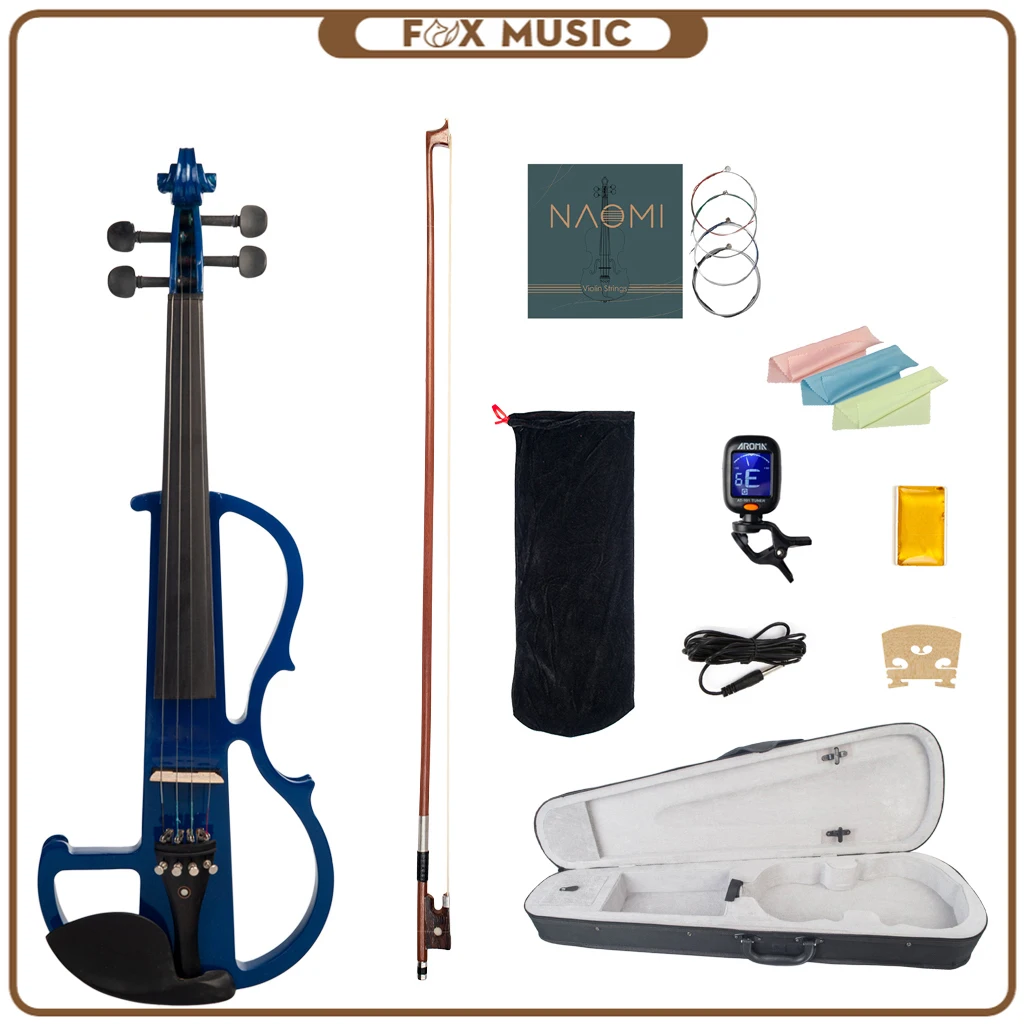Enlarge Silent Electric Solid Wood Violin Set Ebony Fittings In Metallic Blue Violin Carrying Case+Rosin+Strings+Bridge+Cleaning Cloth