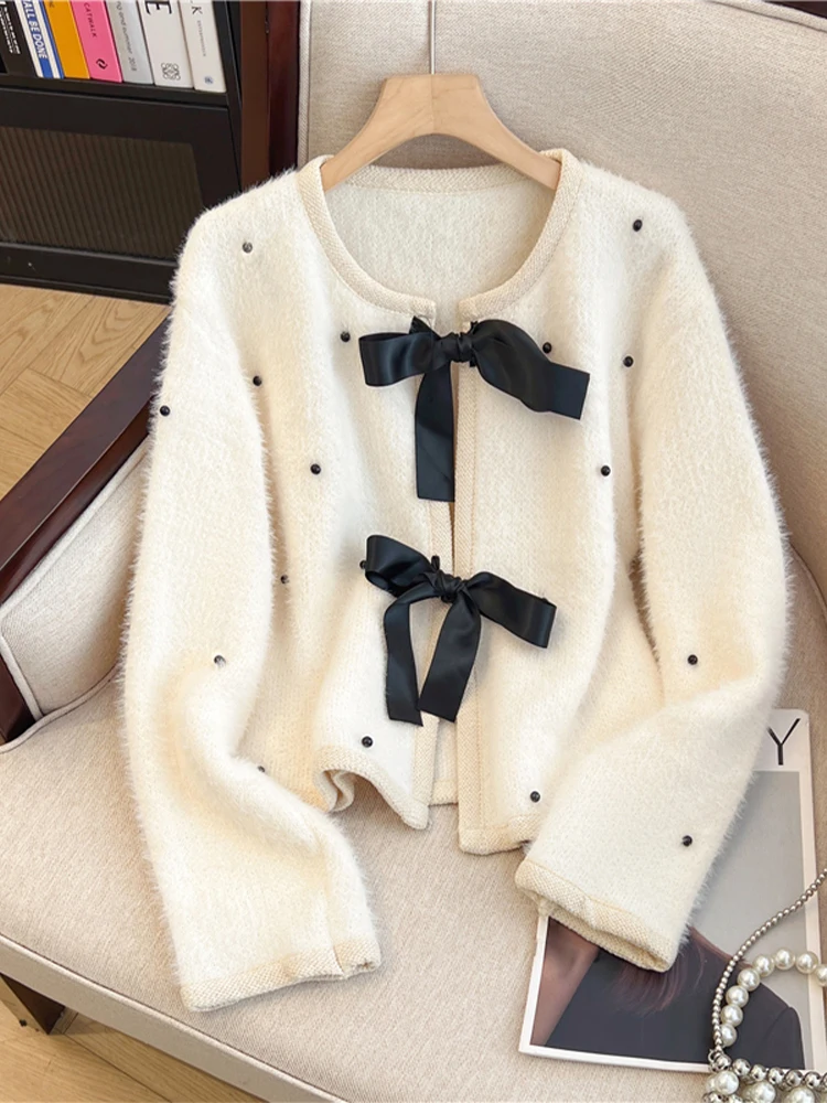 Женский кардиган с белым бантом свитер Harajuku Y2k вязаные кашемировые свитера