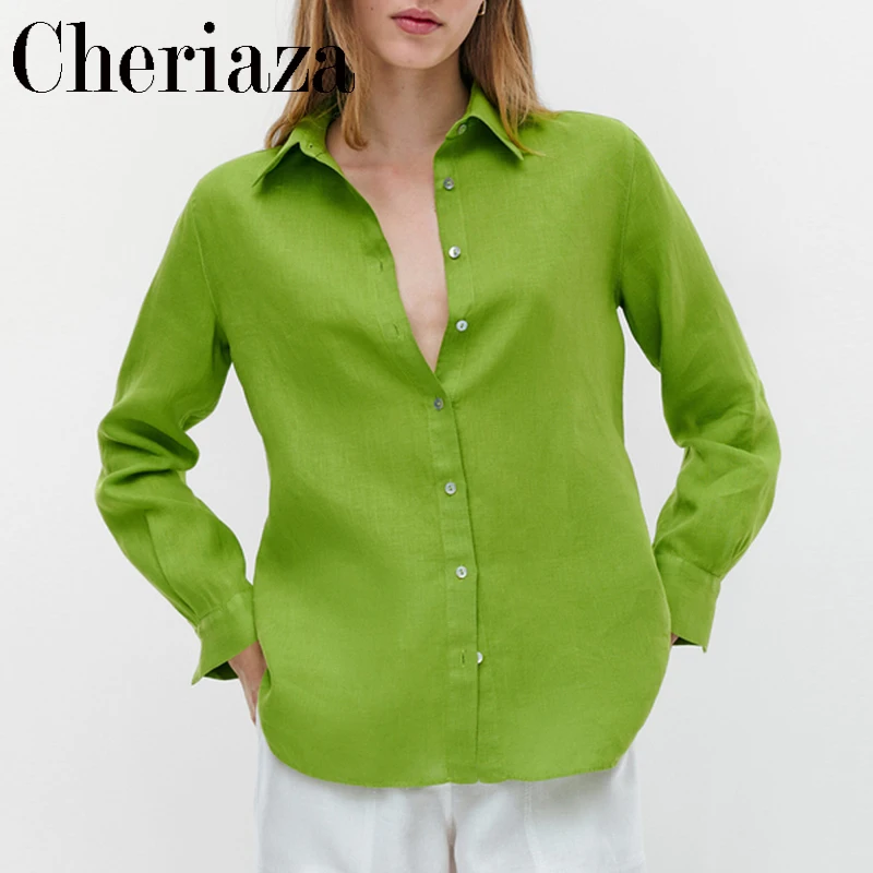 

Женская блузка с длинным рукавом, однотонная зеленая однобортная офисная блузка для отдыха, весна-осень 2022