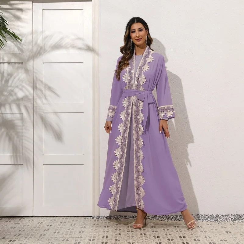 Robe Femme Musulmane 2022 New Muslim Embroidery Lace Arab Middle East Elegant Two-piece Set Abayas for Women Muslimischen Sets