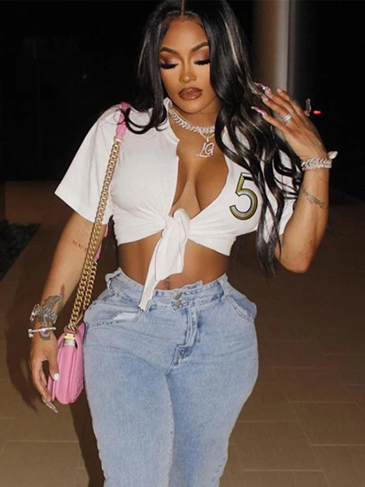 

Sifreyr Letter Embroidery Crop Top Women Deep V-Neck Short Sleeve Bandage Cardigan T-Shirt 2022 Casual Streetwear Y2K Loose Tees