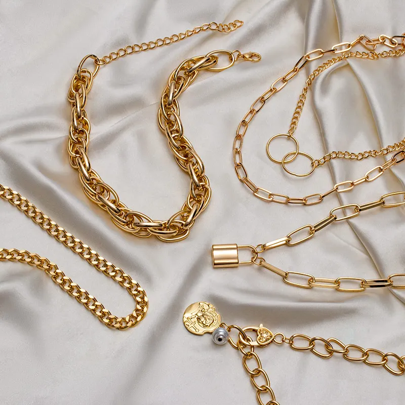 

Новинка, винтажное золотое ожерелье-чокер на цепочке для женщин, модное многослойное металлическое ожерелье в стиле панк на цепочке, трендо...
