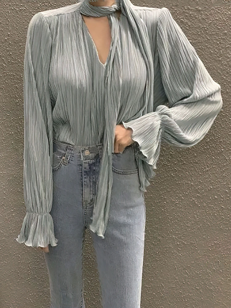 Женская плиссированная блузка с длинным рукавом и завязками