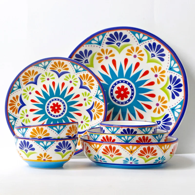 

Ceramics Bowl Plate Cutlery Set Creativity Western Dishes Salad Rice Dish Underglaze Floral Pattern Tableware Combination