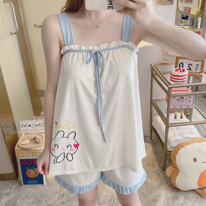

Summer Sleepwear Set New Sling Shorts Dee Sexy Pajama Set Soft Women's Home Cloth Print Pyjamas with Chest Pad Nightwear Shirt