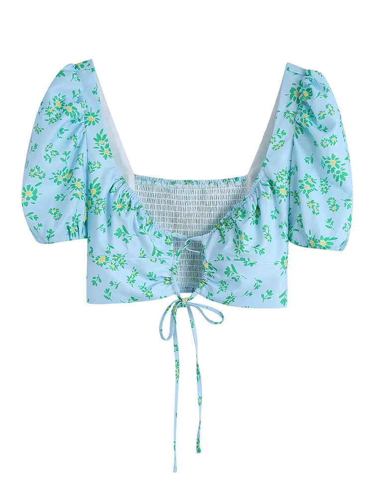 

Evfer Beach Style Womens Flower Print High Waist Elegant Short Tops Girls Square Collar Short Sleeve Vintage Strap Camis