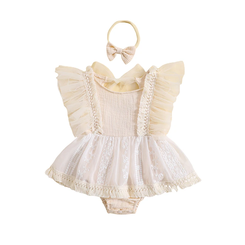 

Infant Baby Girls Romper Dress Flower Embroidery Butterfly Wings Fly Sleeve Jumpsuits Summer Bodysuits with Bow Headband