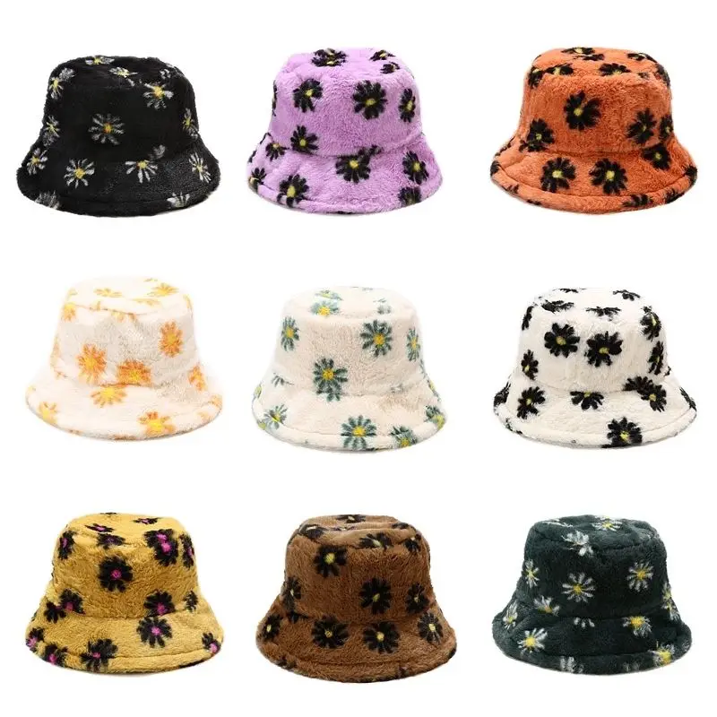 

Мягкая Плюшевая Рыбацкая шапка MYALICE из искусственного меха для женщин утолщенная теплая Панама с принтом маргариток для путешествий на отк...