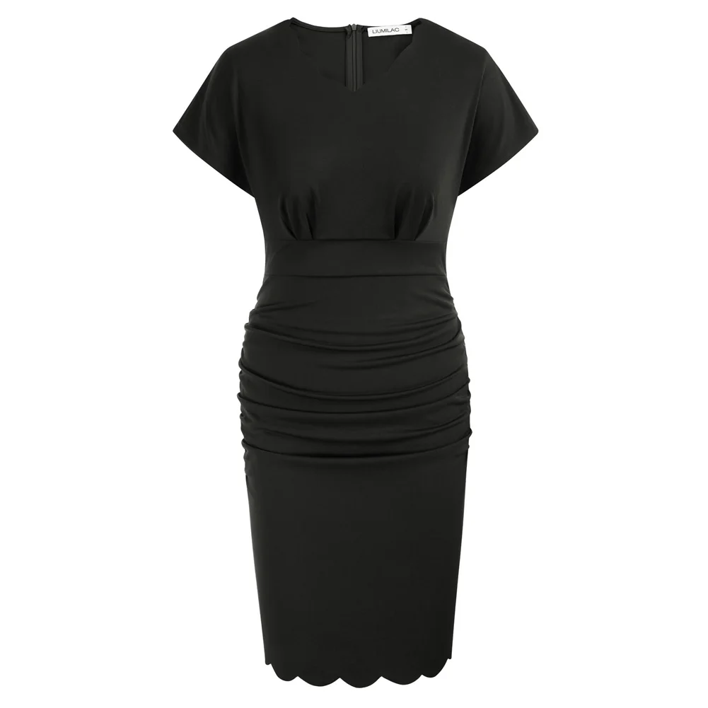 

Liumilac Elegant Dresses For Women Summer Ladies Office Defined Waist Dress OL Short Sleeve Ruched Bodycon Hip Wrap Dress