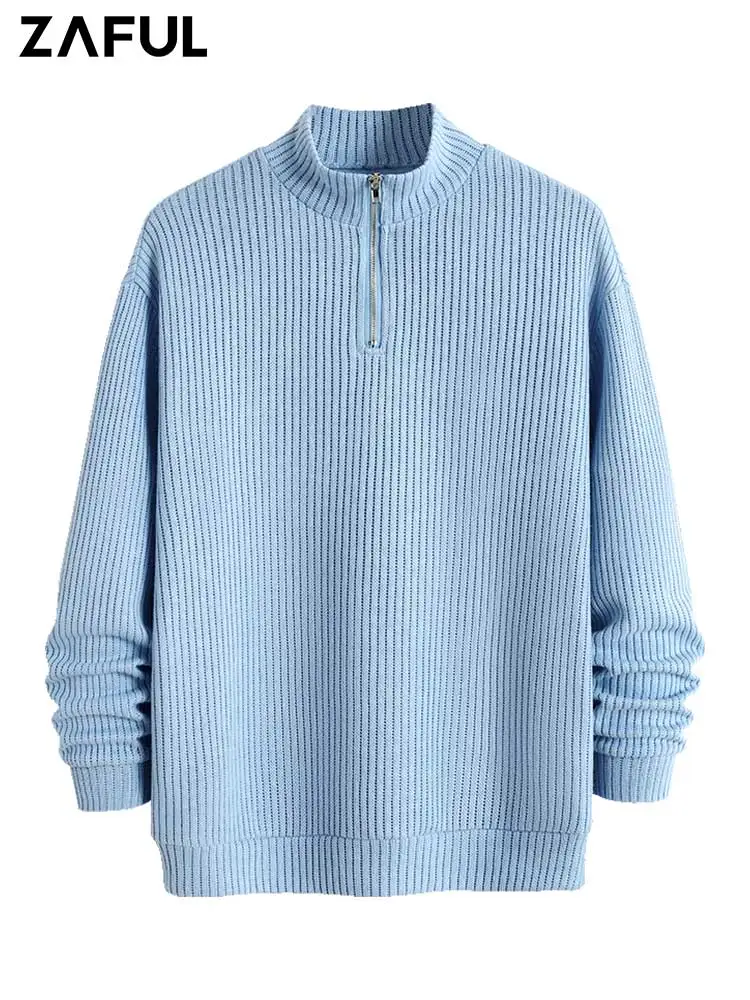 

ZAFUL Solid Men's Sweaters Casual Mock Neck Long Sleeve Ribbed Knit Sweater Quarter Zipper Streetwear Pullover Sweats Z5104300