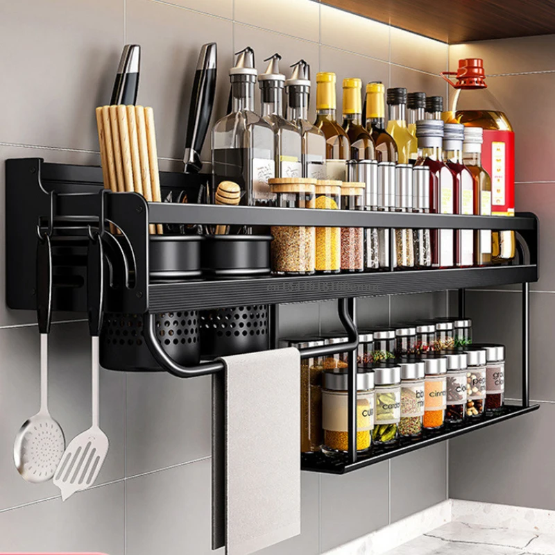 

40/50CM Double-Layer Kitchen Shelf Wall-mounted Spice Storage Racks Punch-free Kitchen Knife Holder Seasoning Shelf Organizer