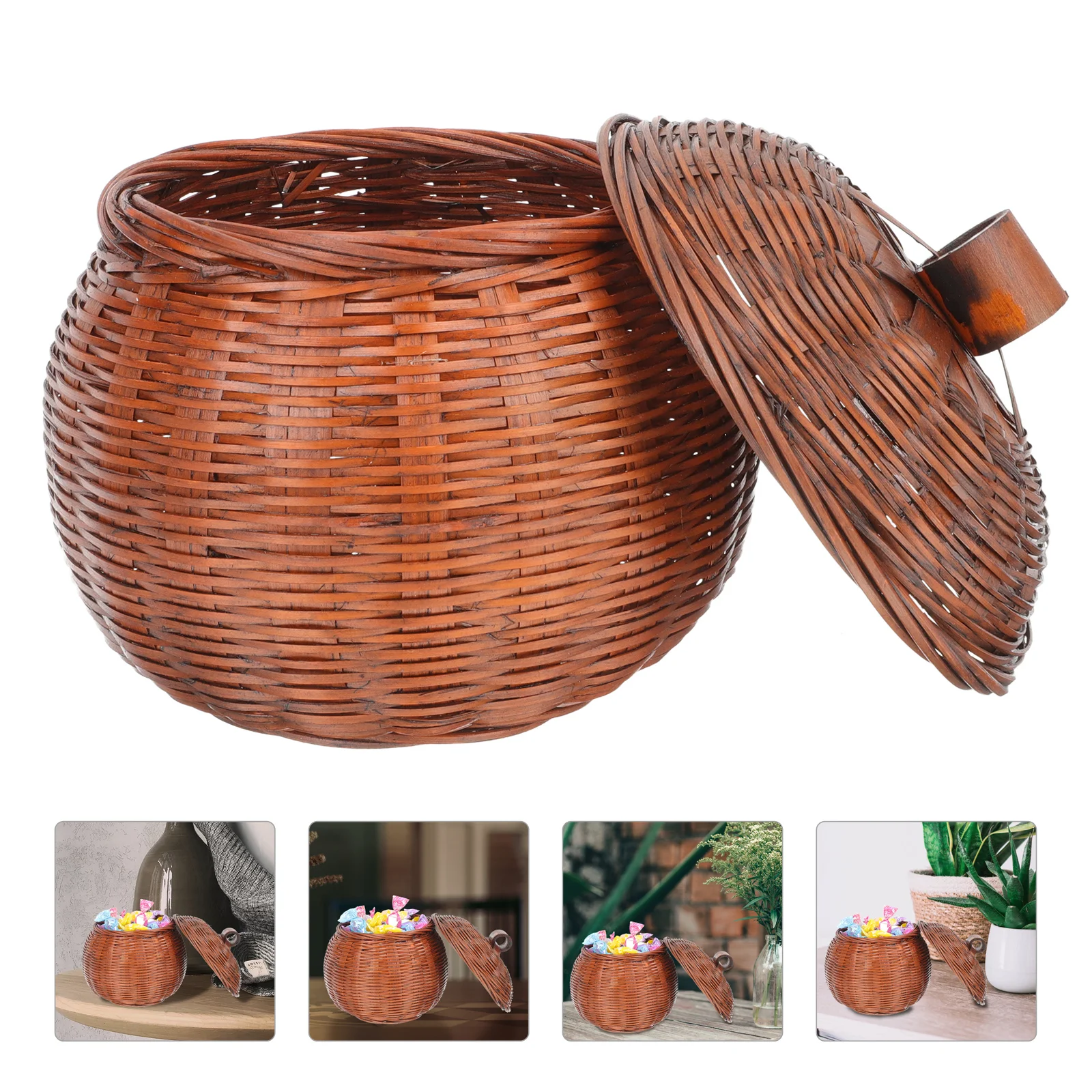 

Basket Egg Storage Fruit Woven Baskets Wicker Rattan Holderbread Lid Round Seagrass Desktop Small Retro Bins Box Bowl Shelf