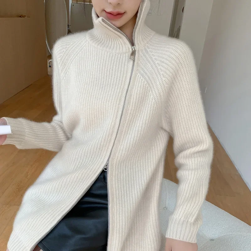 Утолщенный вязаный кардиган-поло из 100% шерсти с воротником-поло/черепашковым