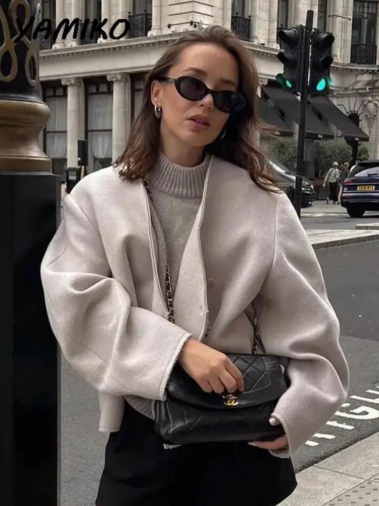 

Elegant Women's Wool Short Coat V Neck Long Sleeve Button-up Solid Loose Jackets Female Streetwear French Jacket Woman Clothing