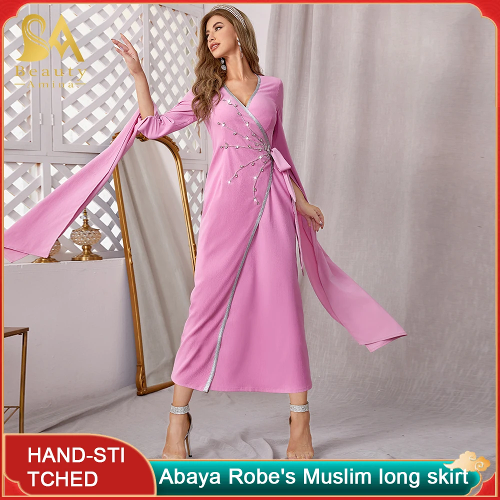 Muslim Long Skirt Southeast Asia Pink Fashion V-neck Hand-stitched Diamond Floating Sleeve Long Skirt Middle East Women's Abaya