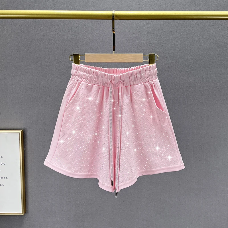 Rhinestone Casual Shorts Women's Clothing Ultra-Thin 2023 New Summer Lace-up High Waist Loose And Slimming Wide Leg Booty Pants