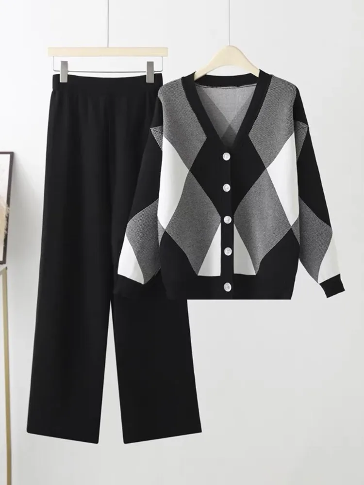 Женский трикотажный костюм с ромбовидной решеткой свитер длинным рукавом и