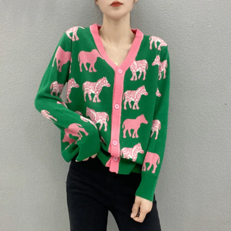 

Women Knitted Sweater Green Cartoon Zebra Cardigan V-Neck Loose Casual Lady Top Female Clothes Single-Breasted Buttons Coat
