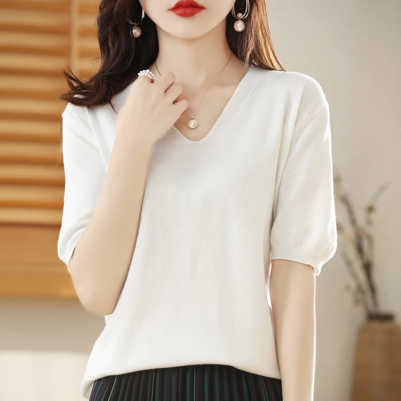 

V-Neck Pullover Ice Silk Knitted Short-Sleeved Summer New Loose All-Match Short Top T-Shirt Thin Section