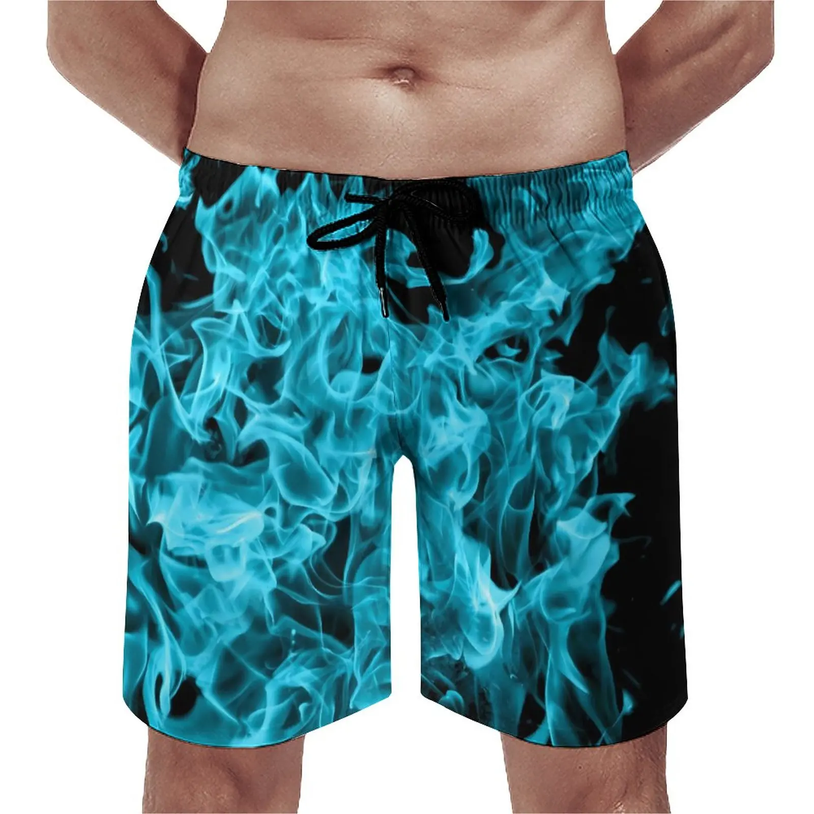 

Fire Aqua Flames Board Shorts Summer Blue Fire Print Fashion Beach Shorts Man Sports Surf Quick Dry Graphic Swim Trunks