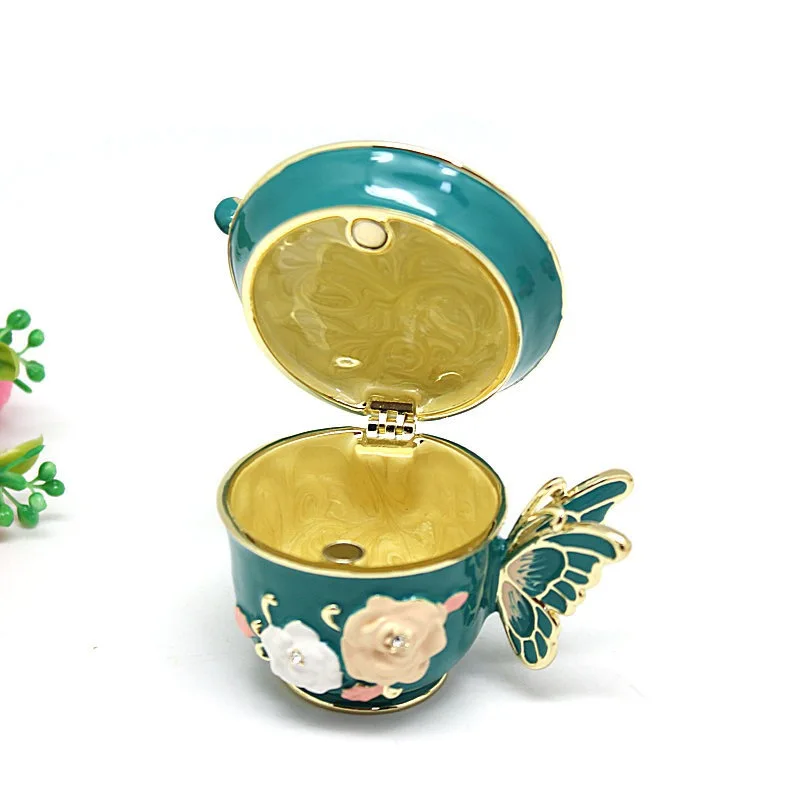 Vintage style Hand Painted Two Piece Set Coffee Cup with Flowers and Butterfly Trinket Box
