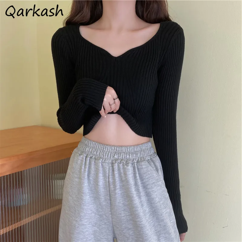 

Свитер пуловеры для женщин укороченный облегающий с V-образным вырезом Универсальный мягкий элегантный базовый Ulzzang женский новый однотонный Простой Трикотажный весенний Ins