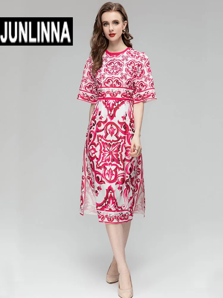 

Женское дизайнерское платье-миди JUNLINNA, летнее красное платье с бисером и разрезом сбоку, с фарфоровым принтом