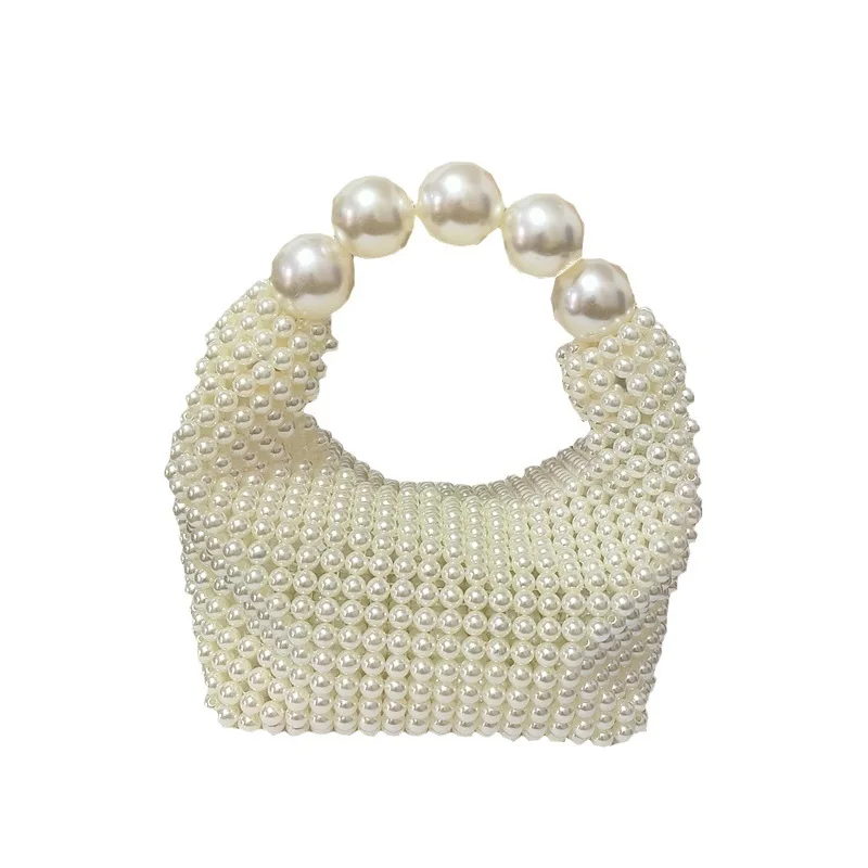 Handmade Pearls Bag Luxury Beaded Women Handbag Big Pearl Handle Evening Bags for Women Hollow Woven Beading Bag Pillow Clutch