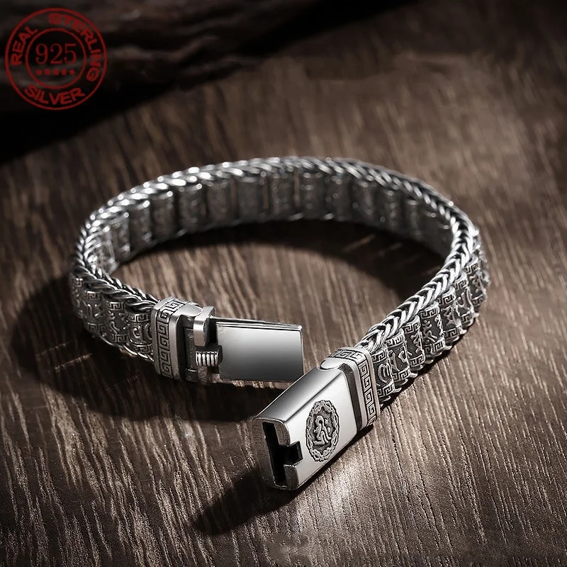 Мужской браслет в ретро стиле простой и просторный серебряный тканый с шестью