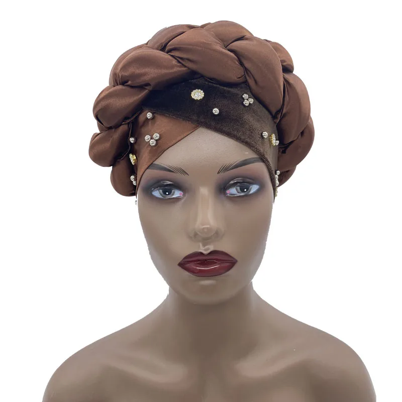 

2022 Trendy Satin Braided Turban Cap for Women Beading Head Wraps Muslim Ladies Beanies Islam Headscarf Bonnet African Hat