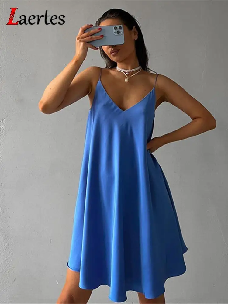 

Повседневное свободное мини-платье Laertes, женская одежда для отдыха, сексуальные трапециевидные платья на бретелях-спагетти с V-образным выр...