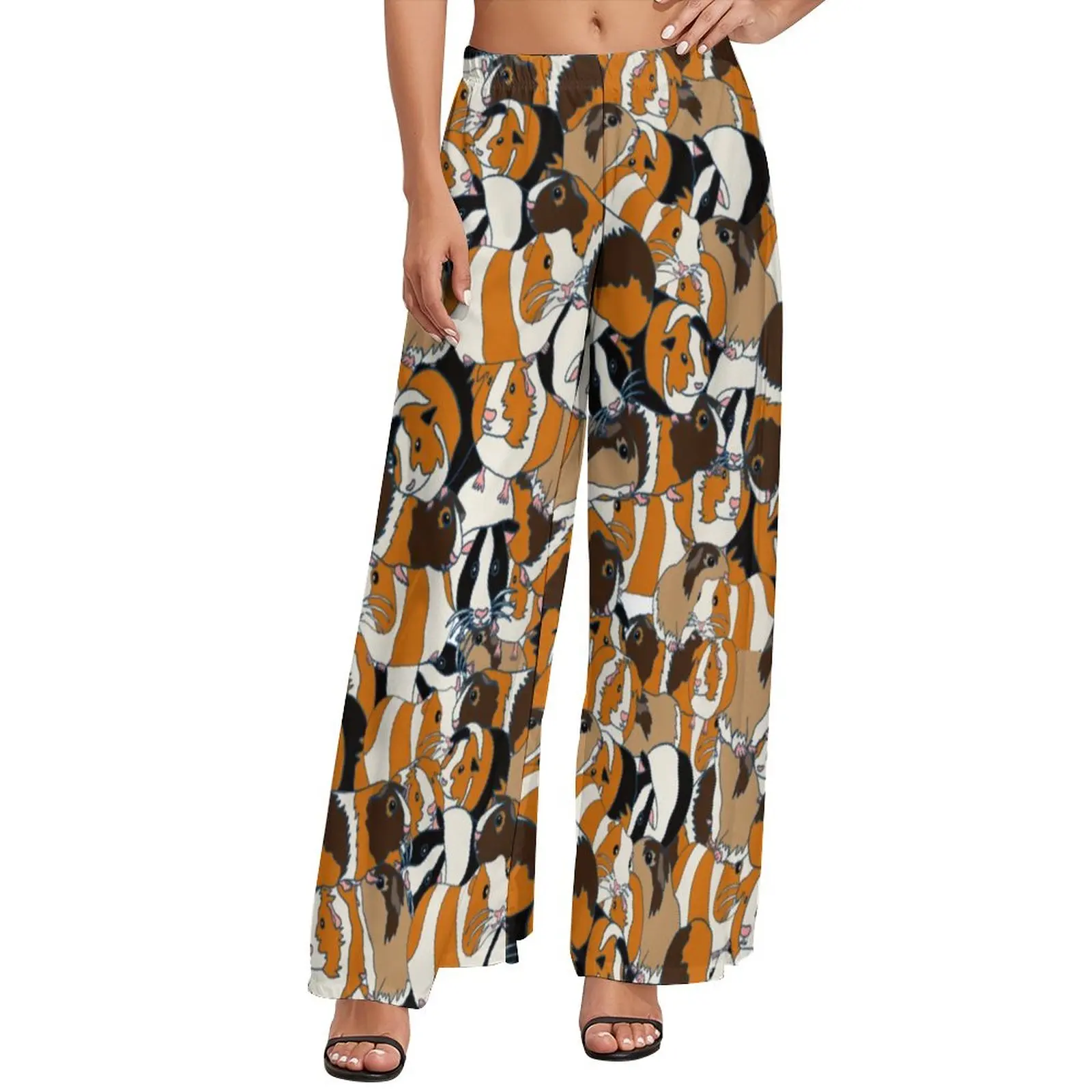 

Брюки с коллажем морской свинки женские, милые уличные штаны с животными, офисные брюки с завышенной талией и широкими штанинами, идея для п...