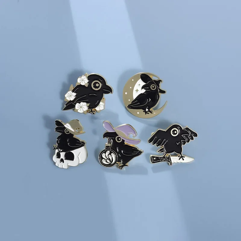 Мультяшные эмалевые булавки в виде черной вороны птицы черепа животные броши